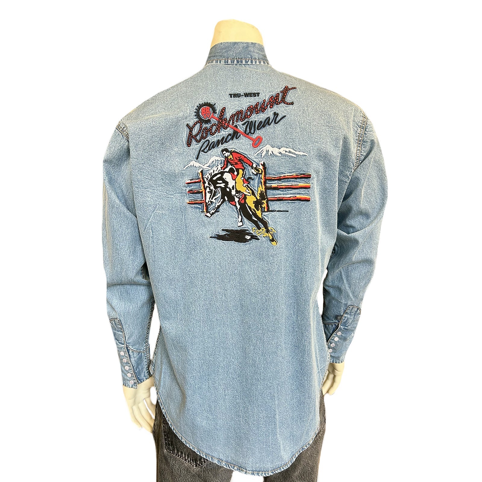 Vintage Inspired Western Shirt Men's Rockmount Embroidered Shirt Bucking Bronc Denim Front