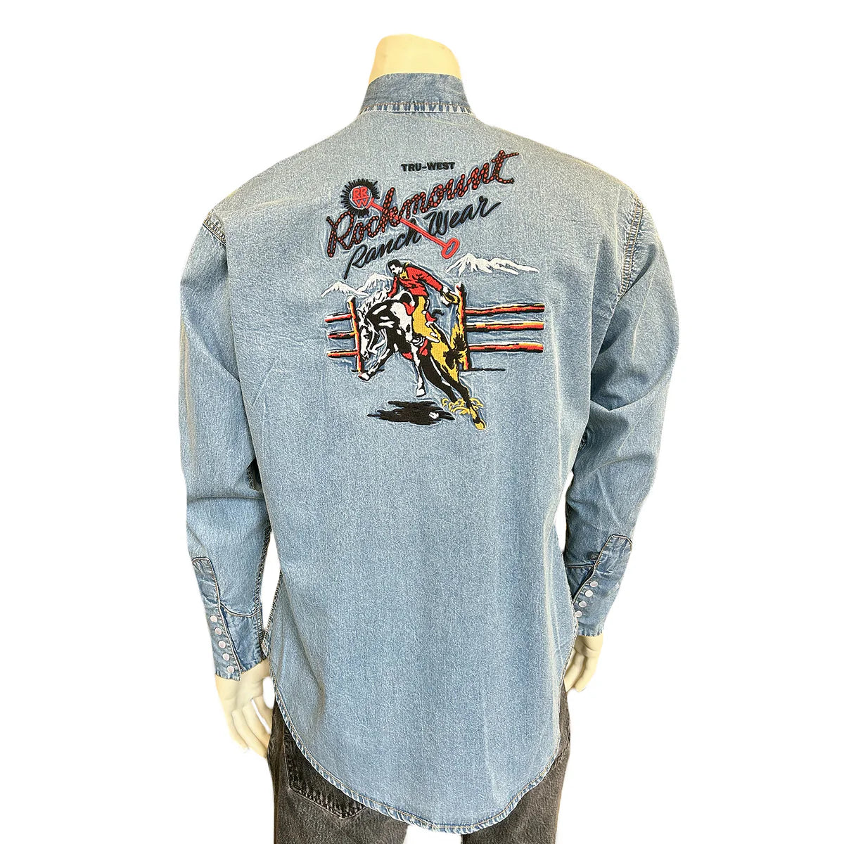 Vintage Inspired Western Shirt Men's Rockmount Embroidered Shirt Bucking Bronc Denim Back