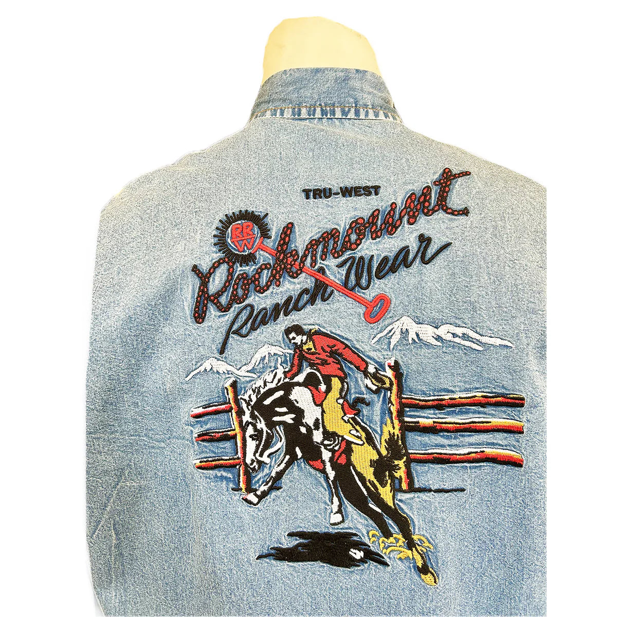 Vintage Inspired Western Shirt Men's Rockmount Embroidered Shirt Bucking Bronc Denim Detail