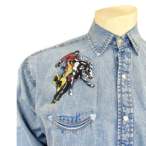 Vintage Inspired Western Shirt Men's Rockmount Embroidered Shirt Bucking Bronc Denim Front