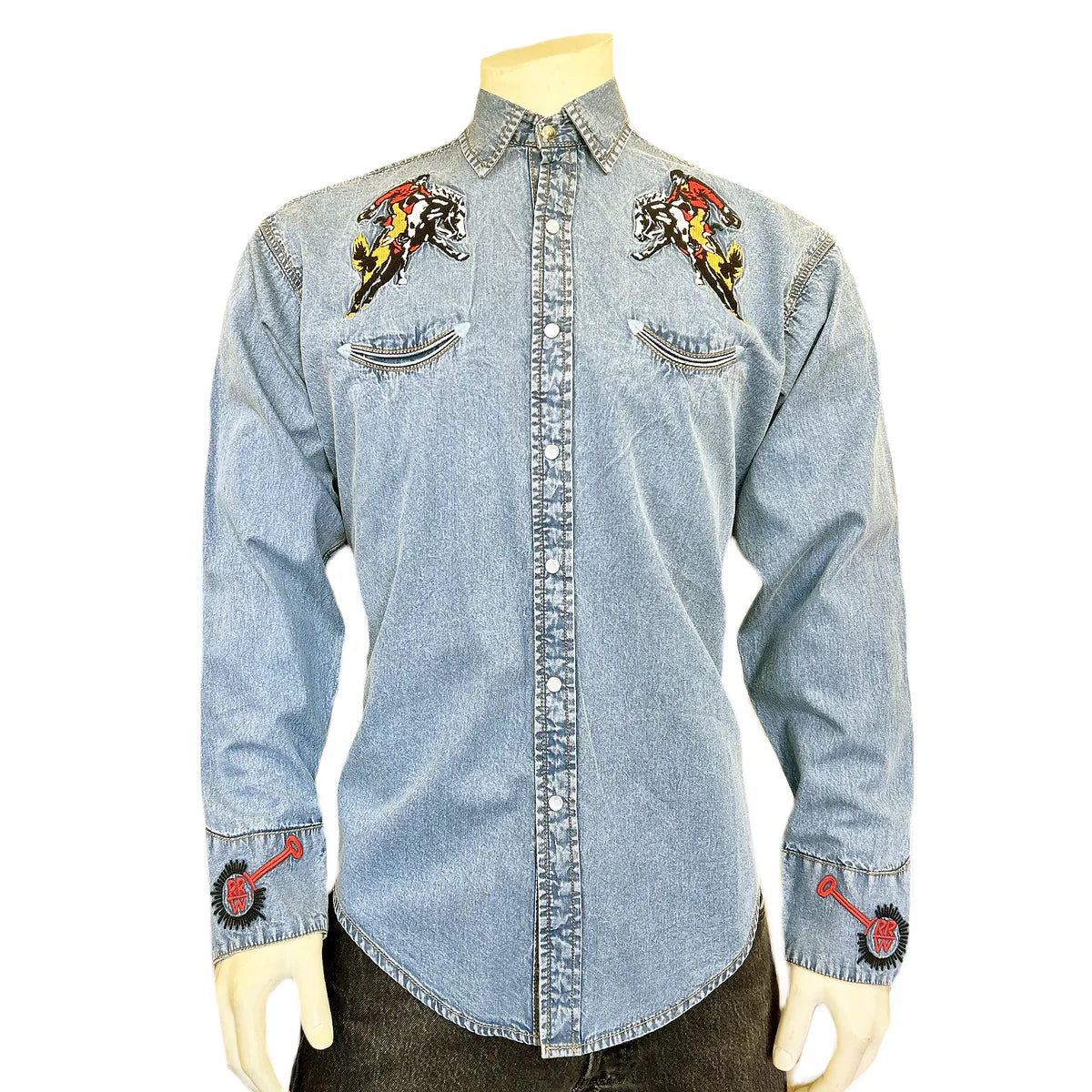 Vintage Inspired Western Shirt Men's Rockmount Embroidered Shirt Bucking Bronc Denim Front