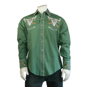 Rockmount Men's Vintage Inspired Steer Skull Arrows Green Front