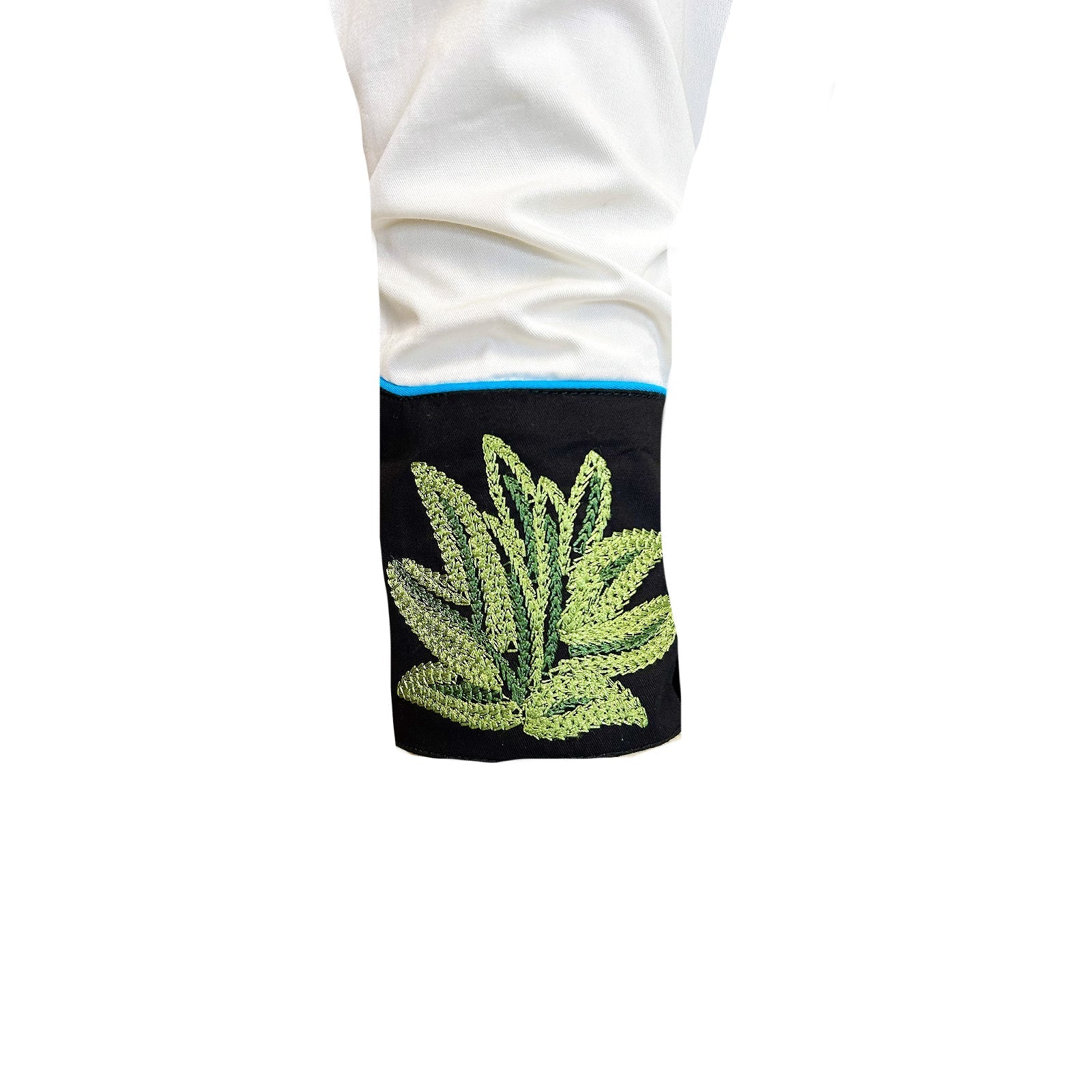 Ivory shirt with black embroidered collar and cuffs featuring cacti and stars. Cuff
