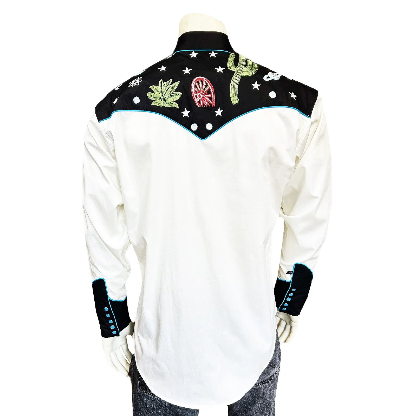 Ivory shirt with black embroidered collar and cuffs featuring cacti and stars. Back