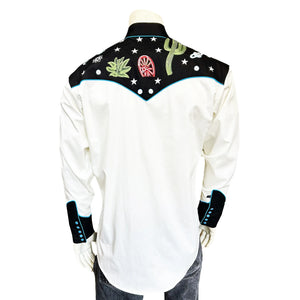 Ivory shirt with black embroidered collar and cuffs featuring cacti and stars. Back