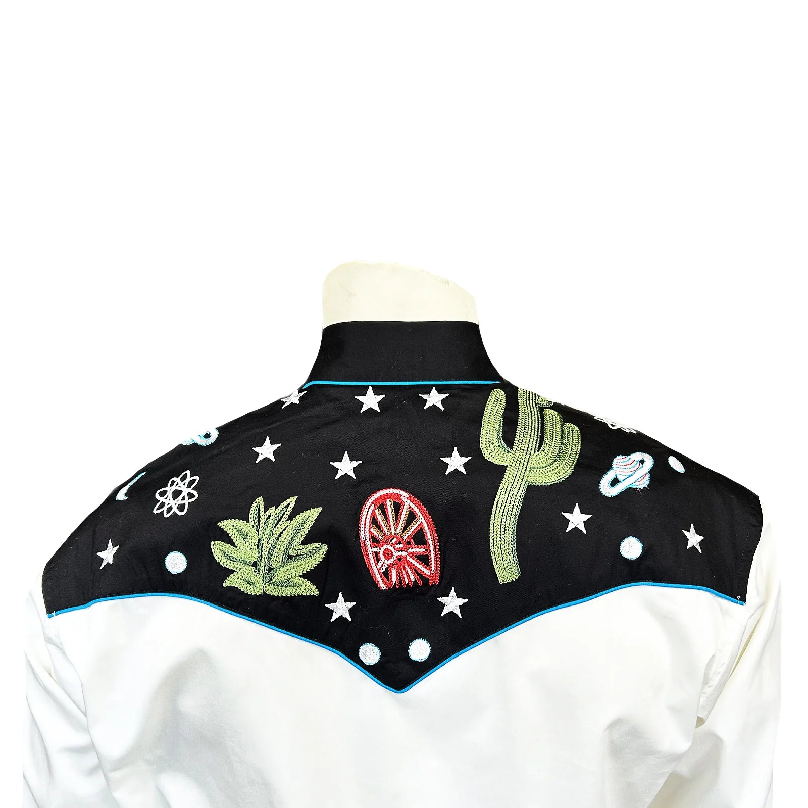 Ivory shirt with black embroidered collar and cuffs featuring cacti and stars. Back