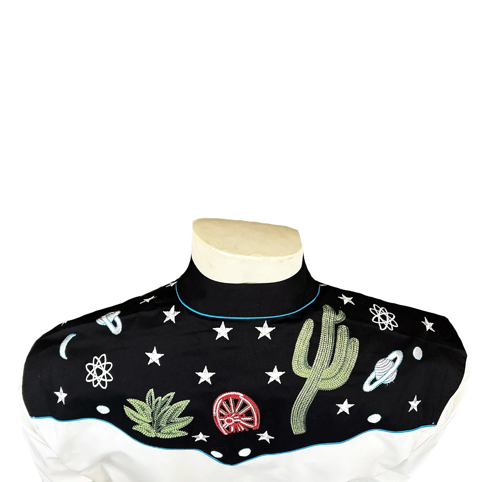 Ivory shirt with black embroidered collar and cuffs featuring cacti and stars. Back