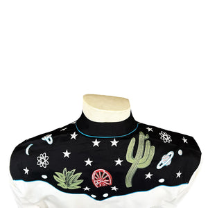 Ivory shirt with black embroidered collar and cuffs featuring cacti and stars. Back