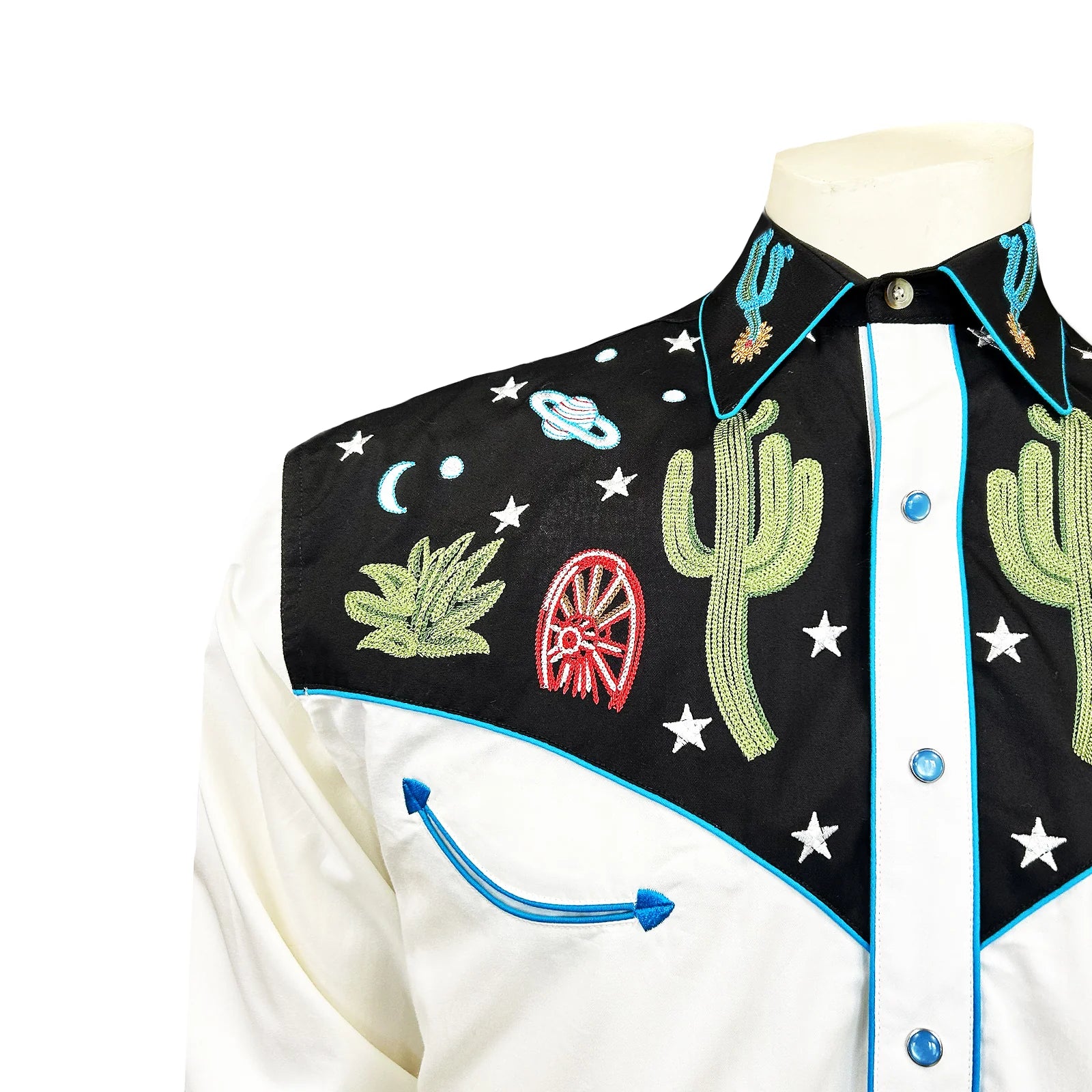 Ivory shirt with black embroidered collar and cuffs featuring cacti and stars. Front