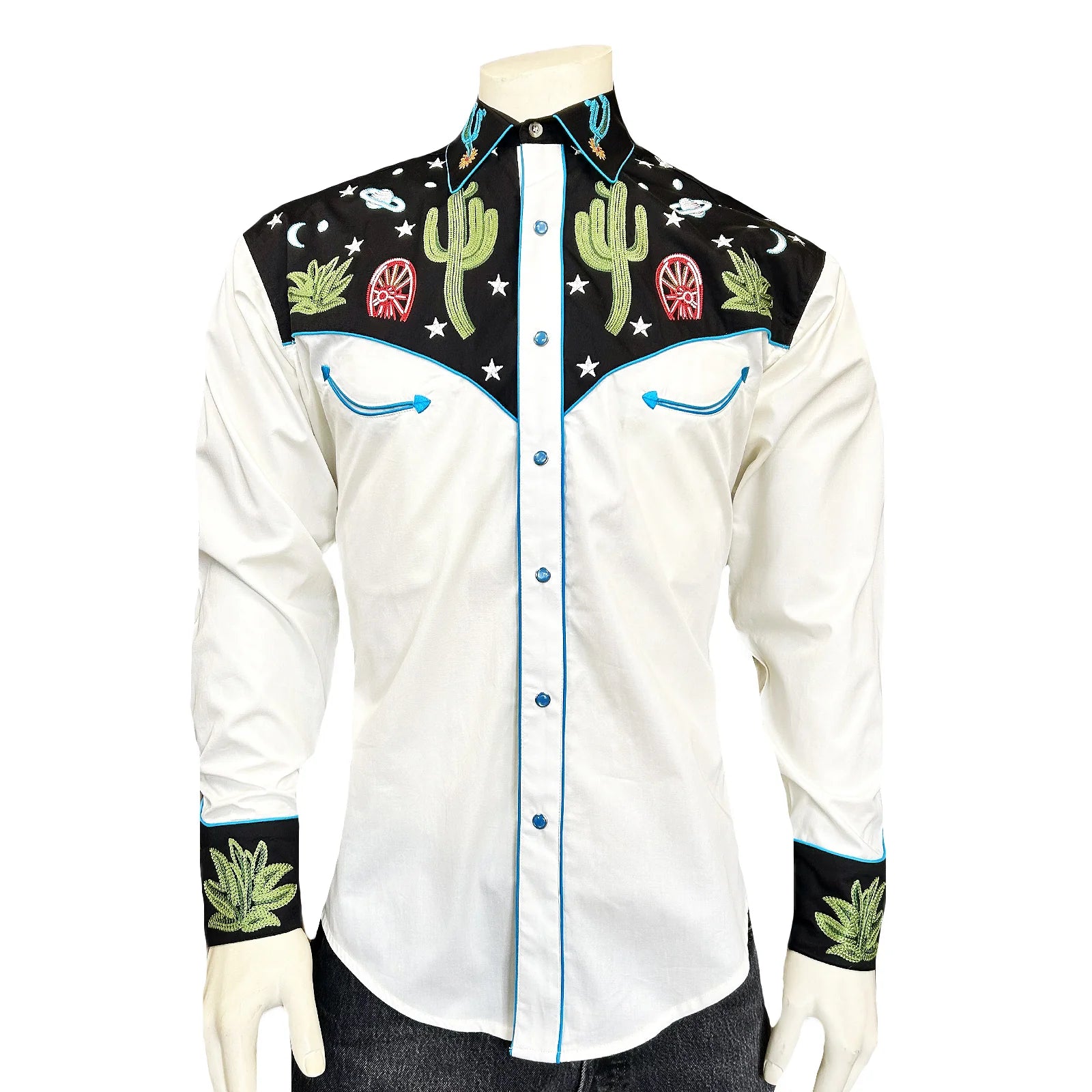 Ivory shirt with black embroidered collar and cuffs featuring cacti and stars. Front
