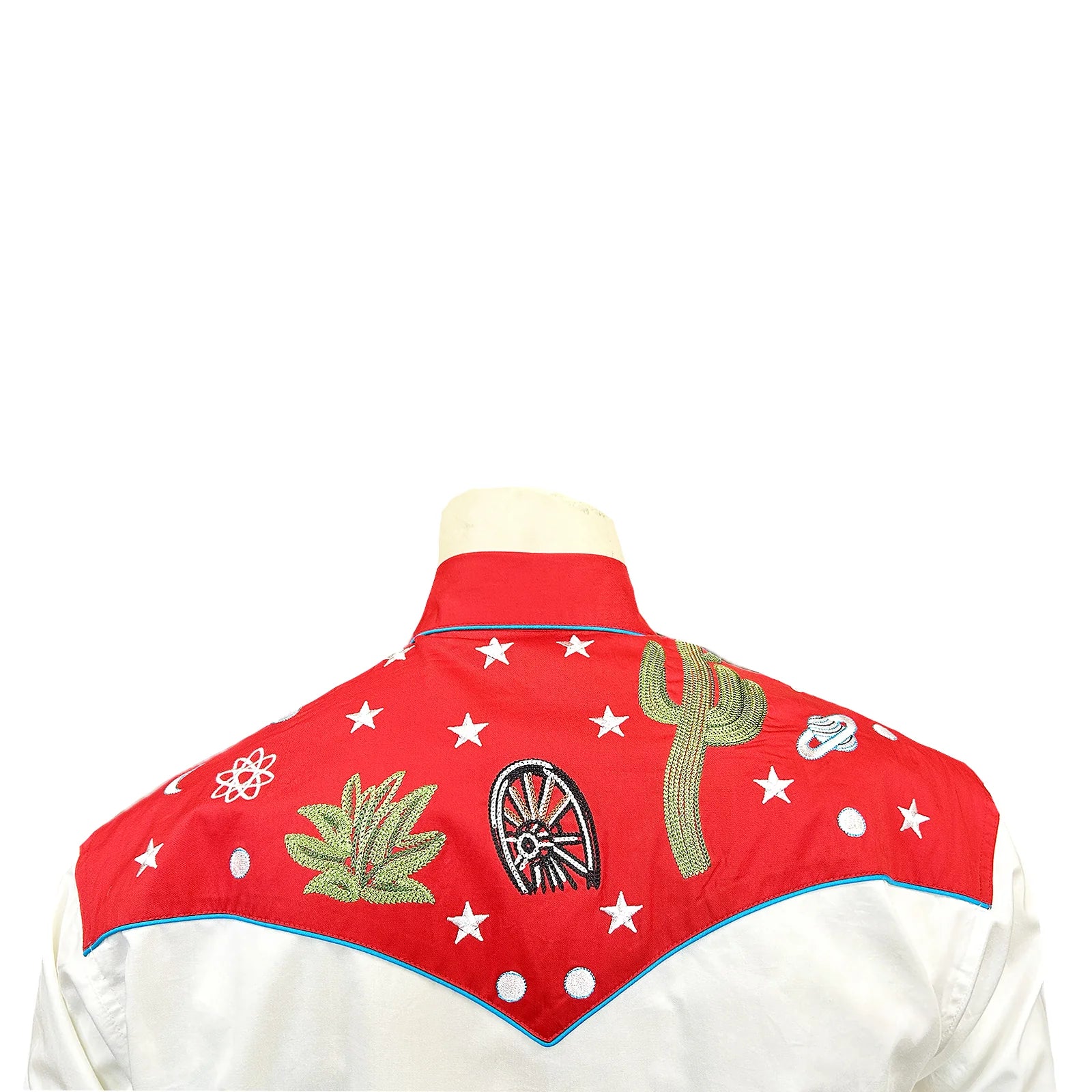 Ivory shirt with red embroidered collar and cuffs featuring cacti and stars. Back
