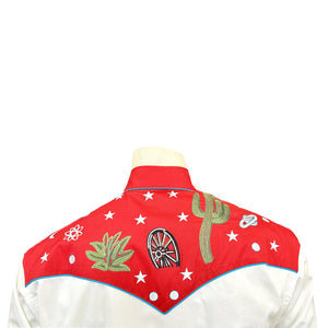 Ivory shirt with red embroidered collar and cuffs featuring cacti and stars. Back