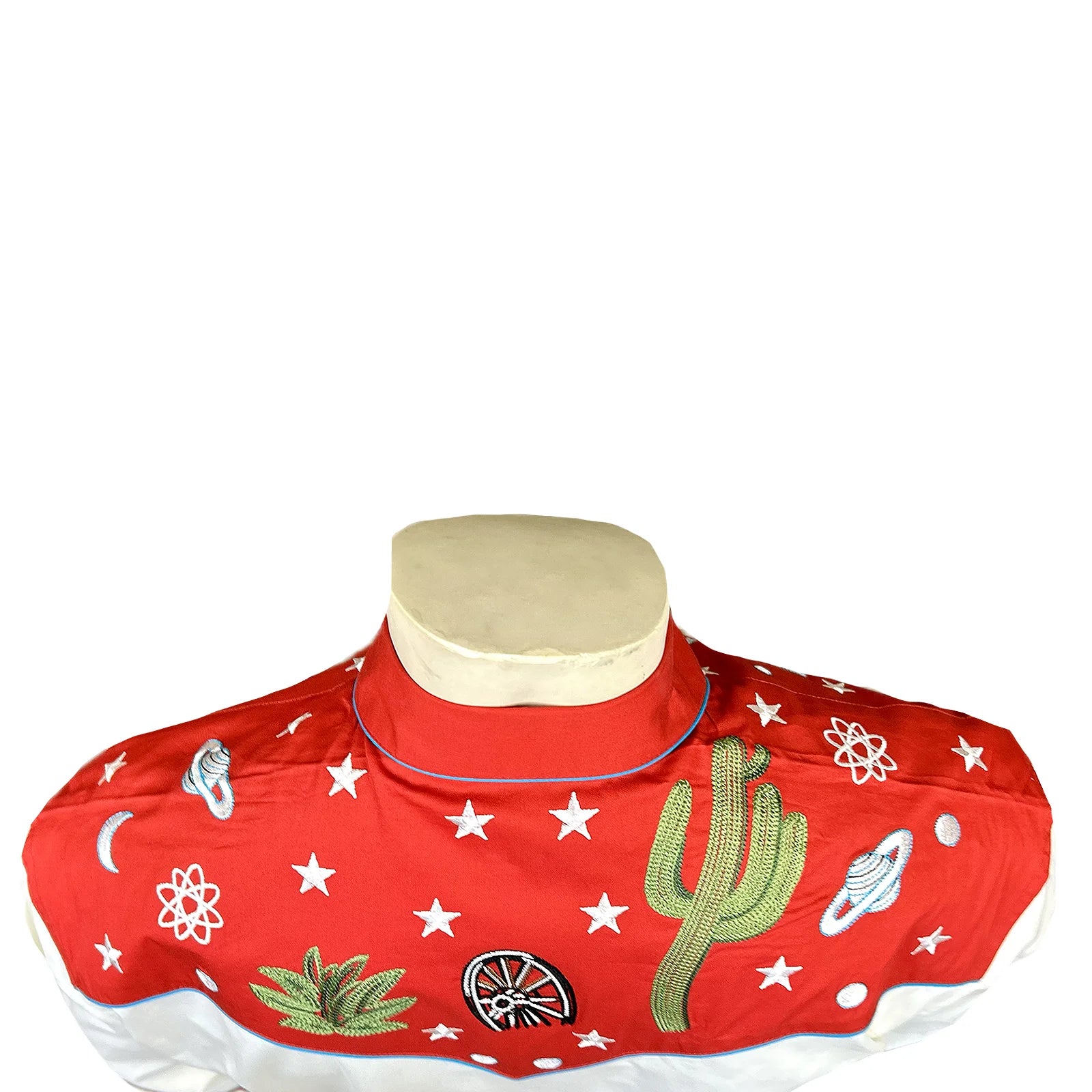 Ivory shirt with red embroidered collar and cuffs featuring cacti and stars. Back