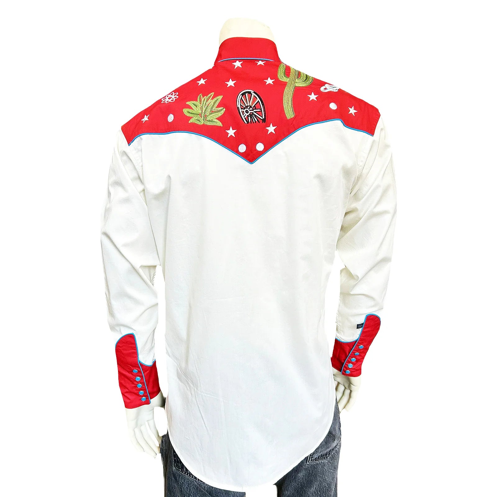 Ivory shirt with red embroidered collar and cuffs featuring cacti and stars. Back