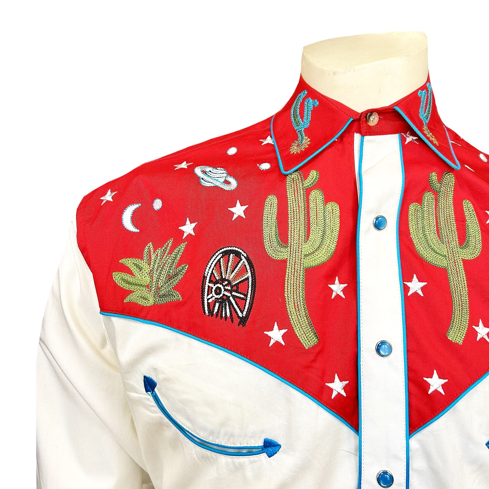 Ivory shirt with red embroidered collar and cuffs featuring cacti and stars. Front