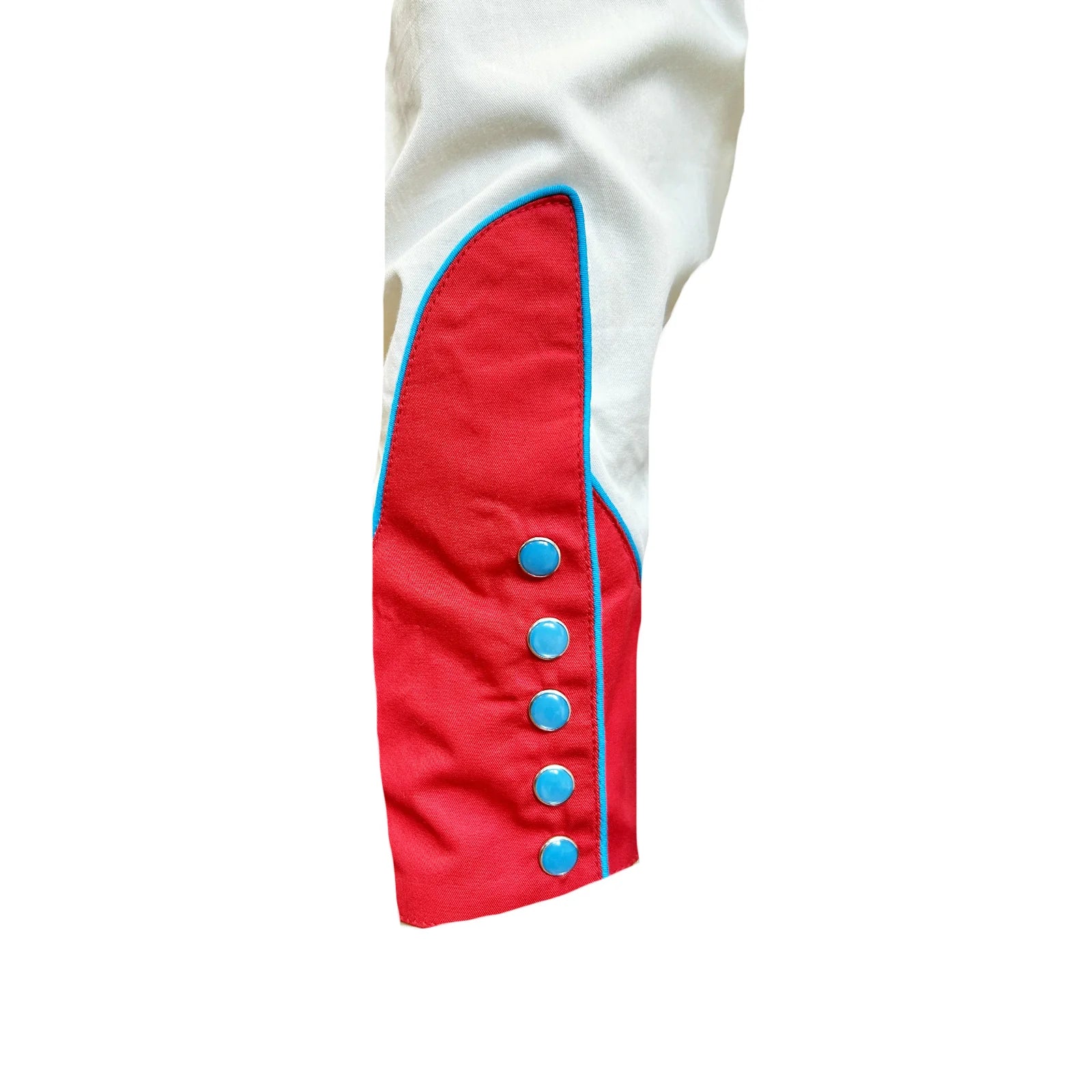 Ivory shirt with red embroidered collar and cuffs featuring cacti and stars. Front