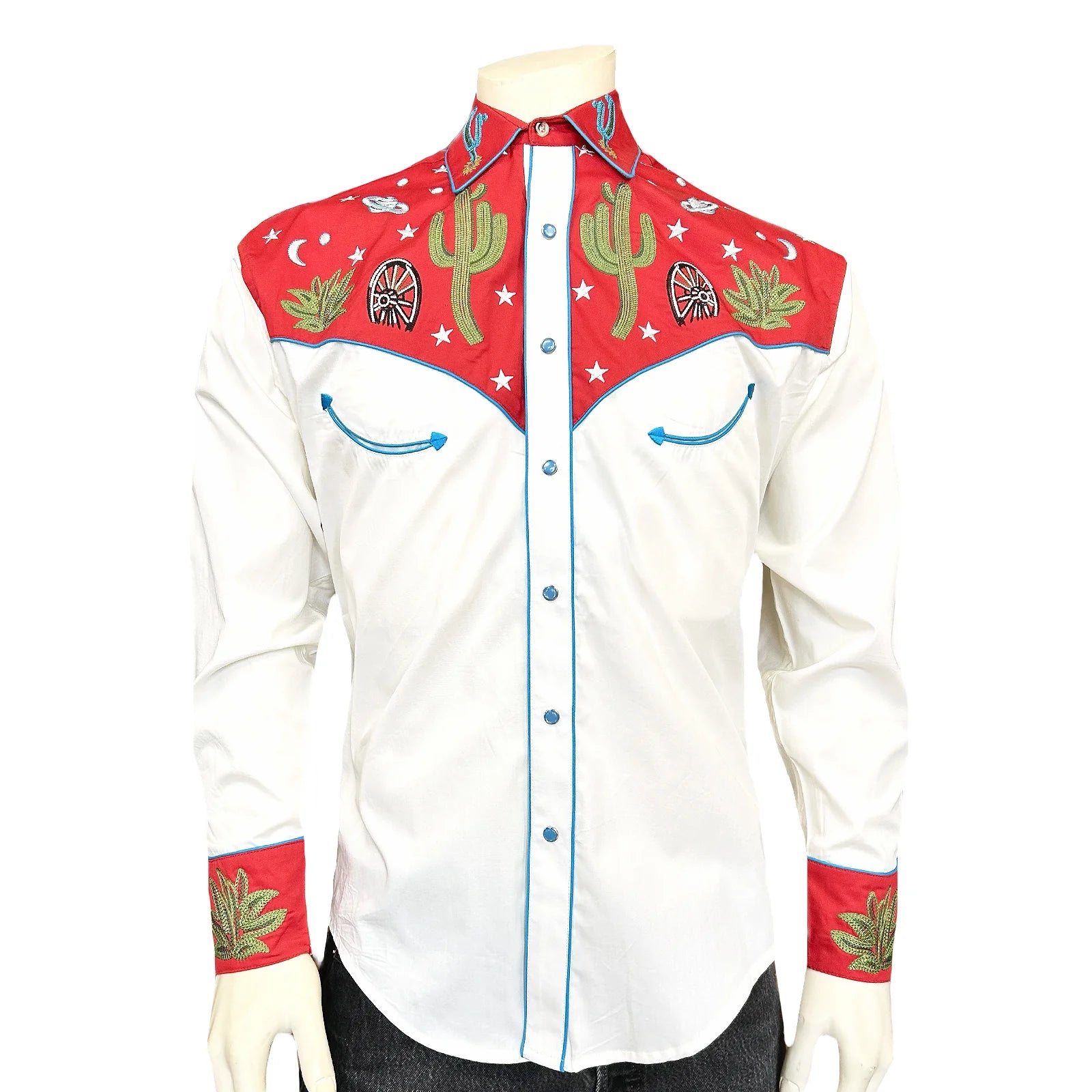 Ivory shirt with black embroidered collar and cuffs featuring cacti and stars. Front