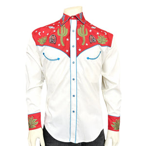 Ivory shirt with red embroidered collar and cuffs featuring cacti and stars. Front