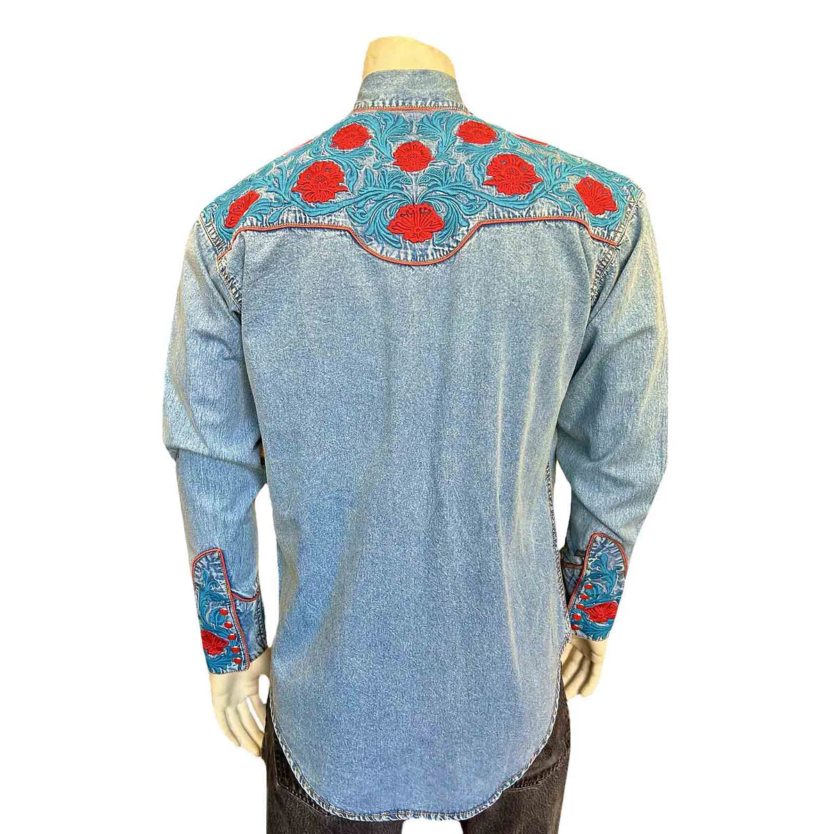 Rockmount Ranch Wear Men's Embroidered Roses on Denim Front