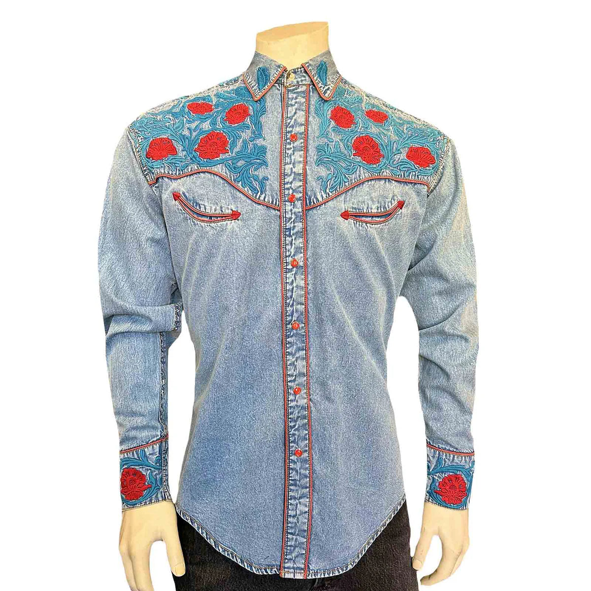 Rockmount Ranch Wear Men's Embroidered Roses on Denim Front