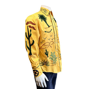 Vintage Inspired Western Shirt Men's Rockmount Embroidery Palm Trees Gold Side on Mannequin
