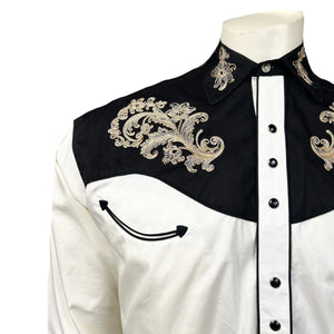 Rockmount Ranch Wear Men's Vintage Western Shirt Tan Floral on Black and Ivory Front