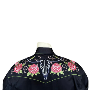 Rockmount Ranch Wear Men's Vintage Western Shirt Floral and Longhorn Steer Skull Black Back