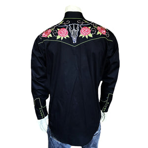 Rockmount Ranch Wear Men's Vintage Western Shirt Floral and Longhorn Steer Skull Black Back