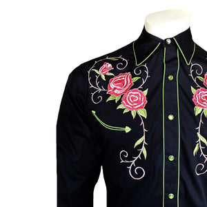 Rockmount Ranch Wear Men's Vintage Western Shirt Floral and Longhorn Steer Skull Black Front