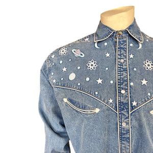 Vintage Inspired Rockmount Ranch Wear Men's Western Planet Shirt Denim Front