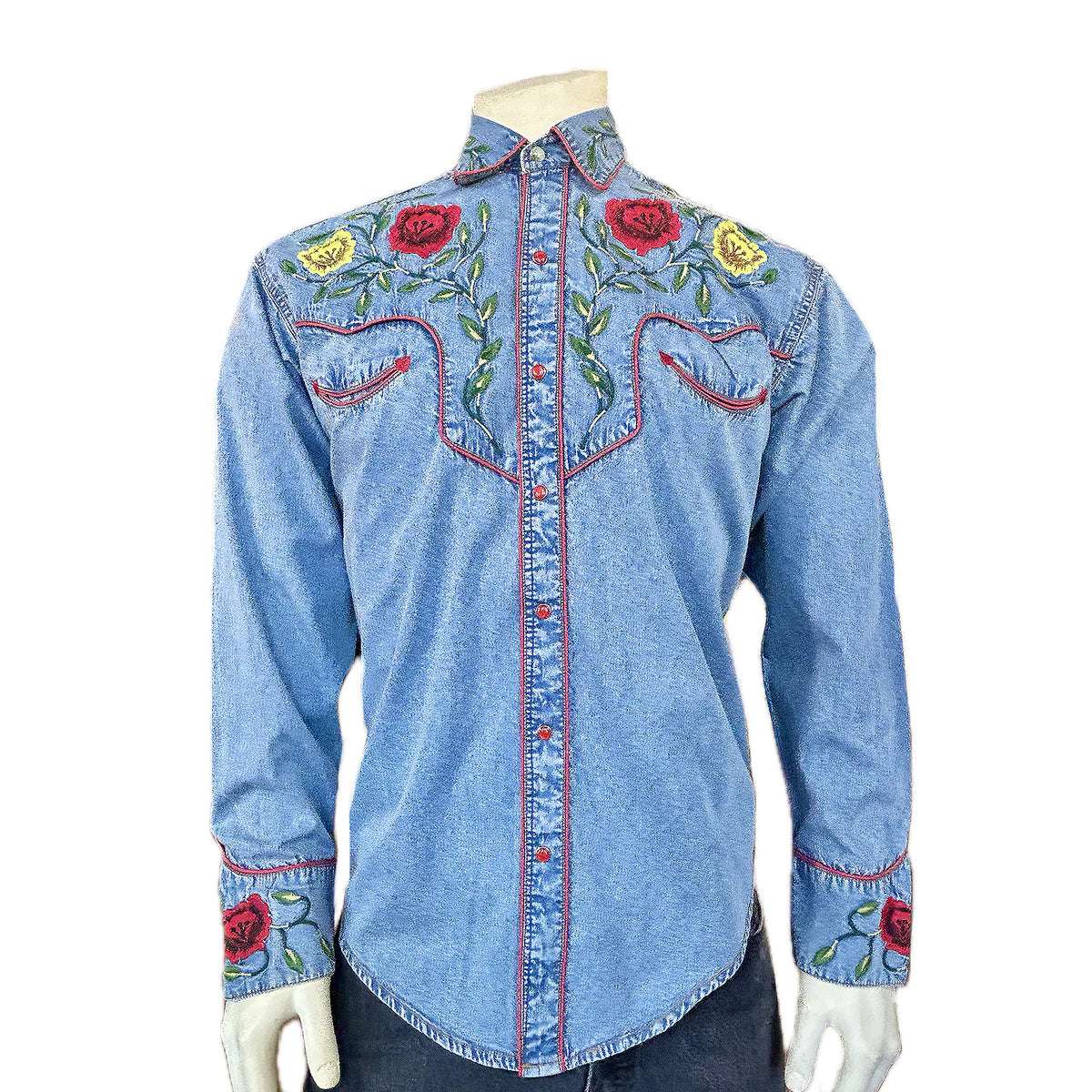 Rockmount Ranch Wear Men's Vintage Western Shirt Fancy Floral Denim Front