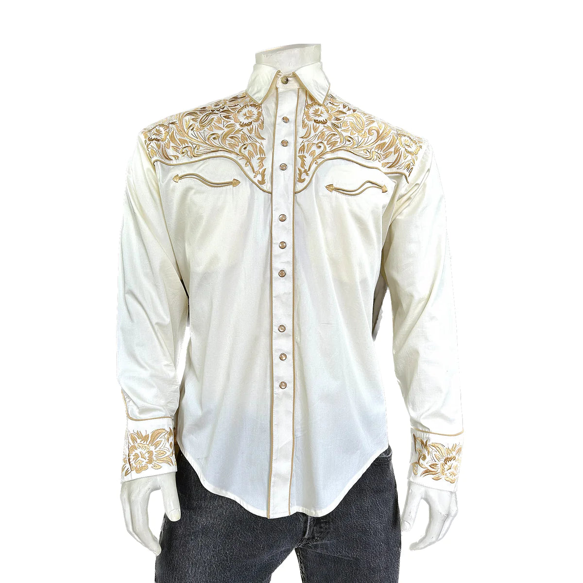 Rockmount Ranch Wear Men's Tone on Tone Embroidery Ivory Gold Front #176859