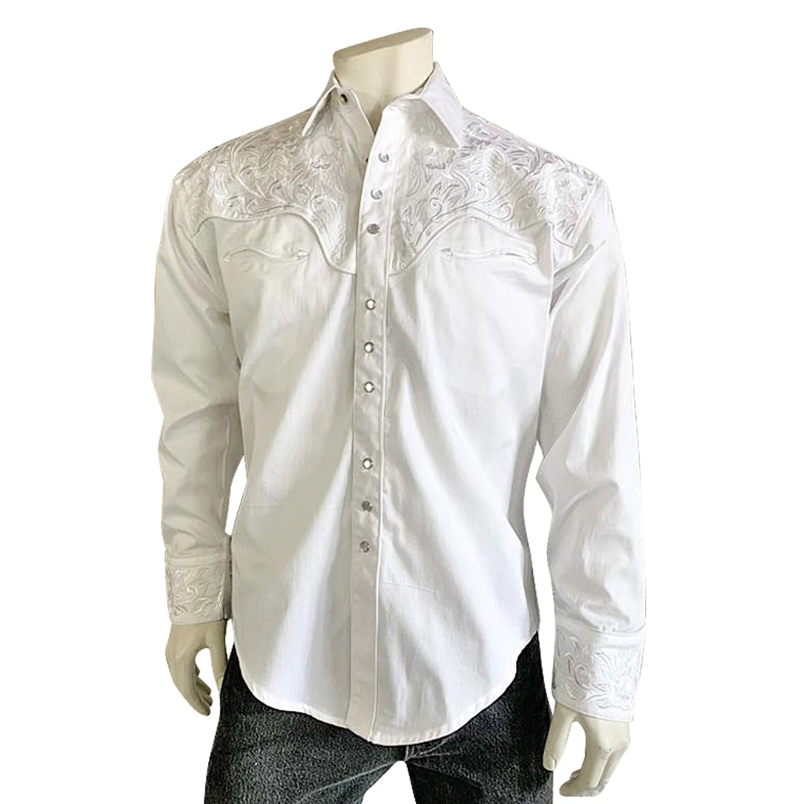 Men's Vintage White-on-White Tooling Embroidered Western Shirt - S Men's Vintage White-on-White Tooling Embroidered Western Shirt - S