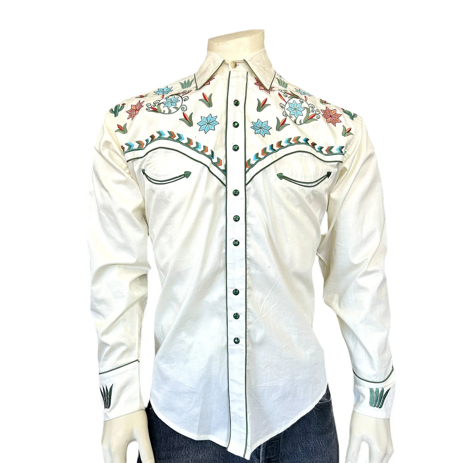 Mens Ivory Agave Cactus Floral Embroidered Western Shirt - L Mens Ivory Agave Cactus Floral Embroidered Western Shirt - L