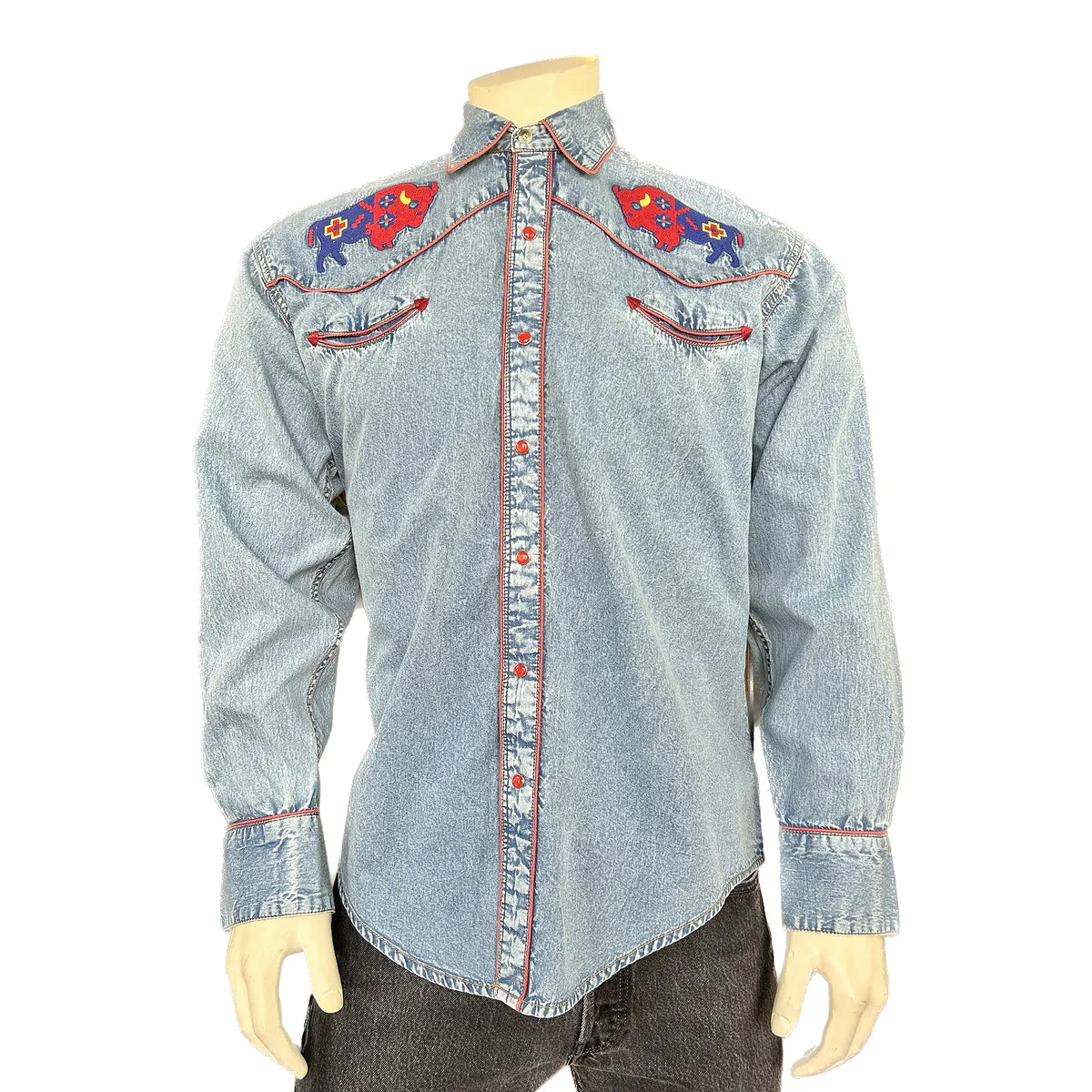 Rockmount Ranch Wear Men's Bison Embroidery Denim Front 