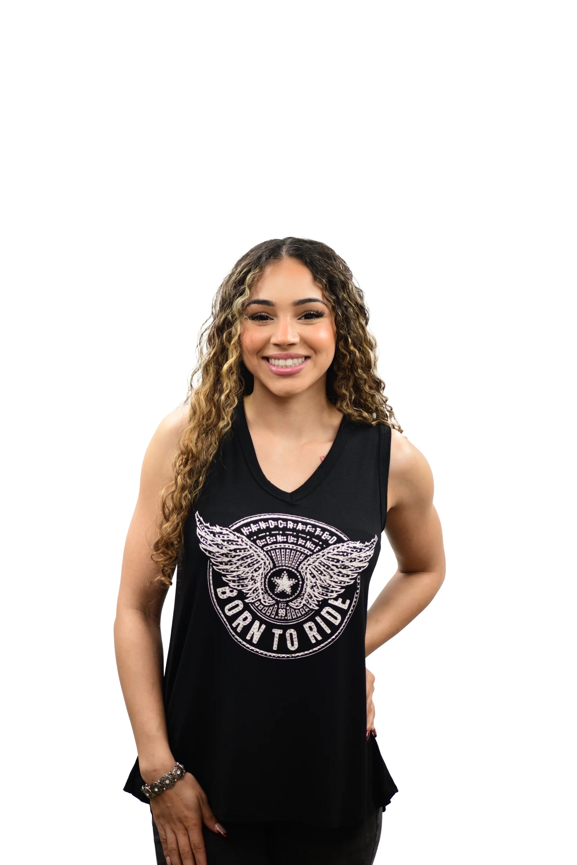 Liberty Wear Women's V-Neck Tank Born To Ride Wings Black Front