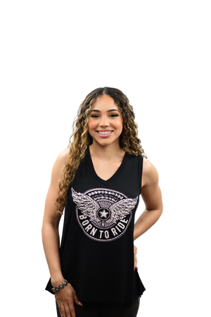 Liberty Wear Women's V-Neck Tank Born To Ride Wings Black Front