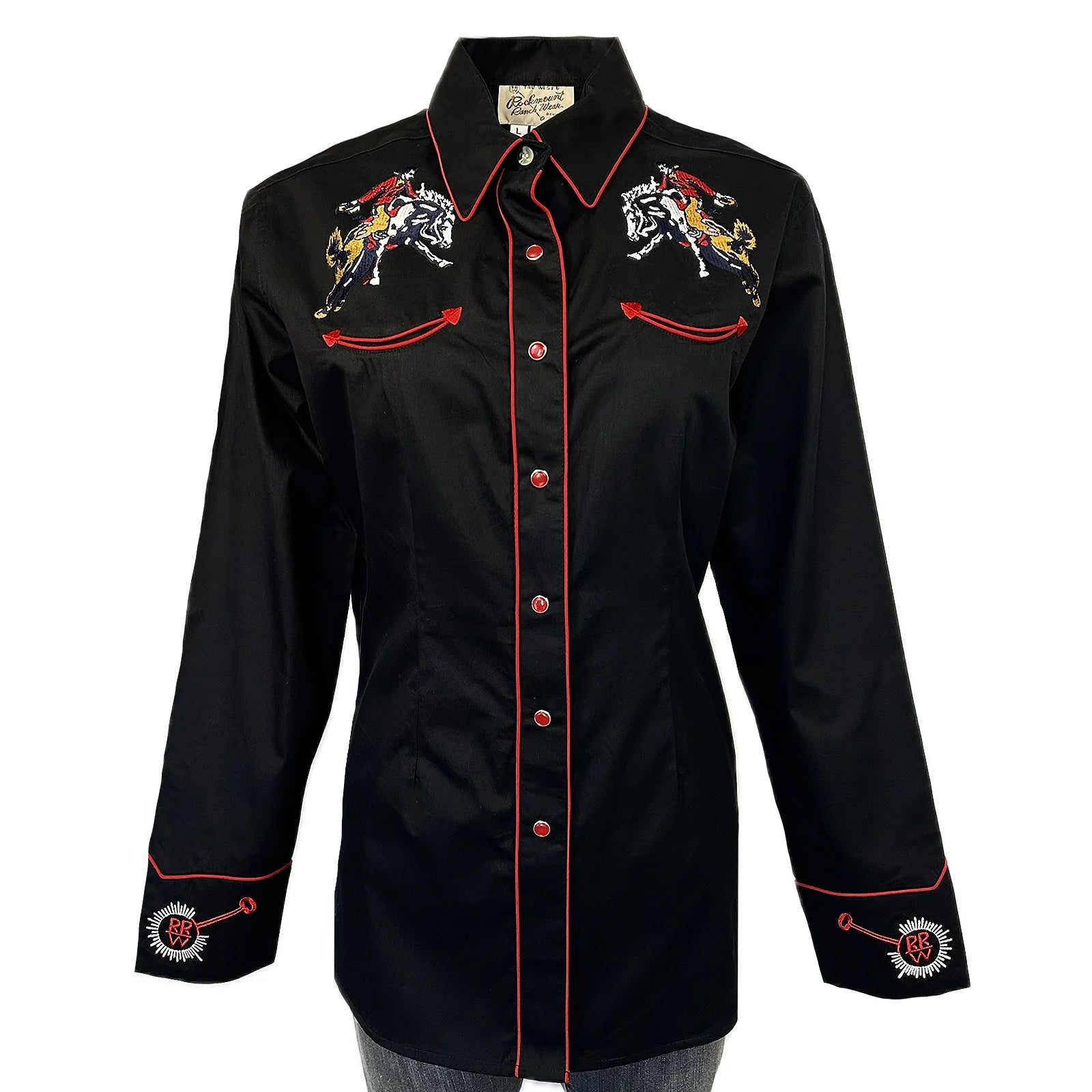 Rockmount Ranch Wear Ladies Vintage Western Shirt Rockmount Bronc Logo  Denim Front