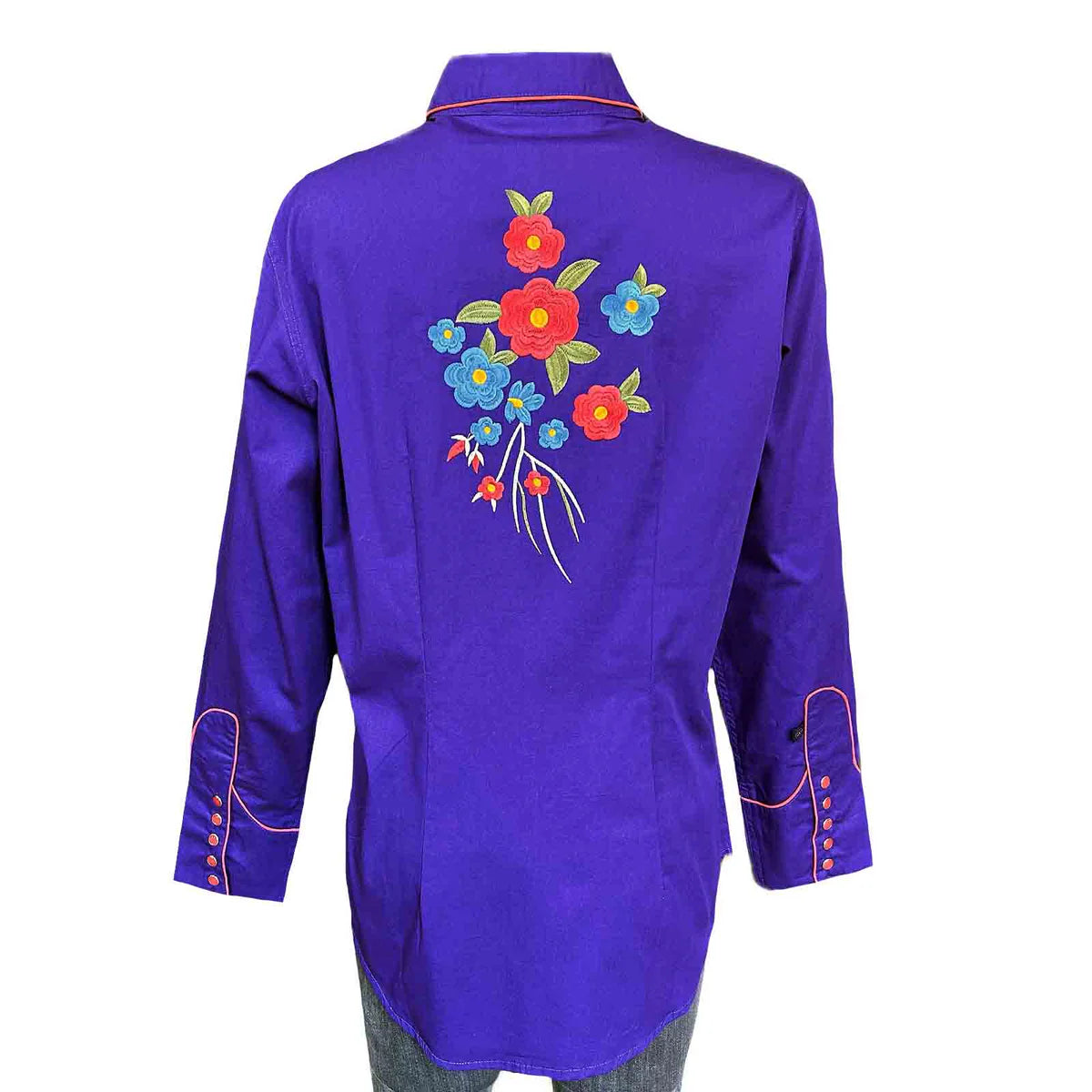 Rockmount Ranch Wear Ladies' Vintage Inspired Western Shirt Embroidered Blooms on Purple Front