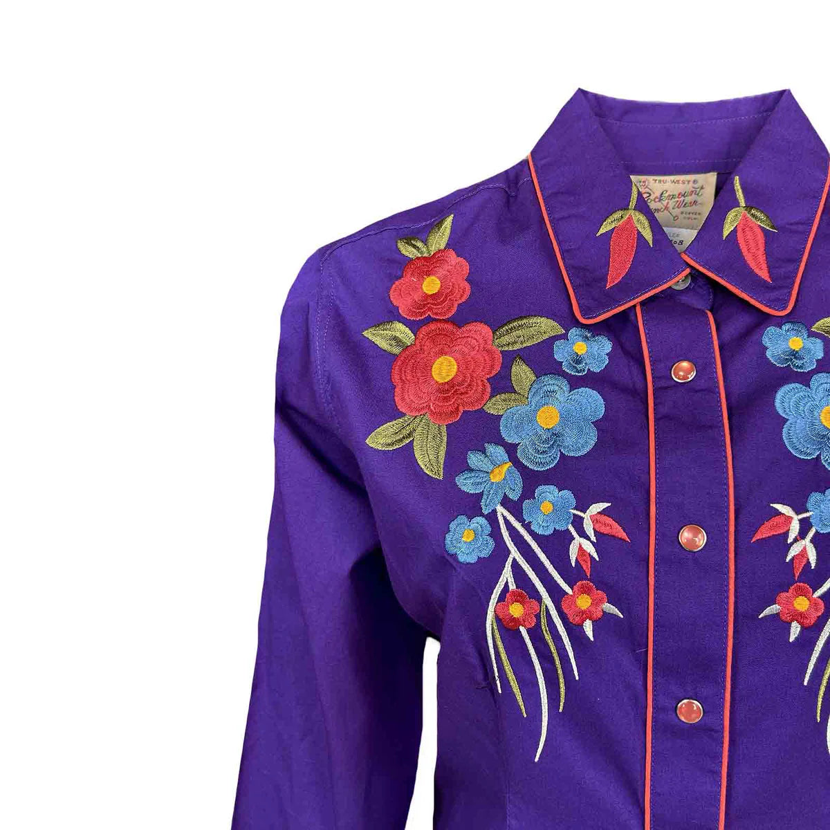 Rockmount Ranch Wear Ladies' Vintage Inspired Western Shirt Embroidered Blooms on Purple Front