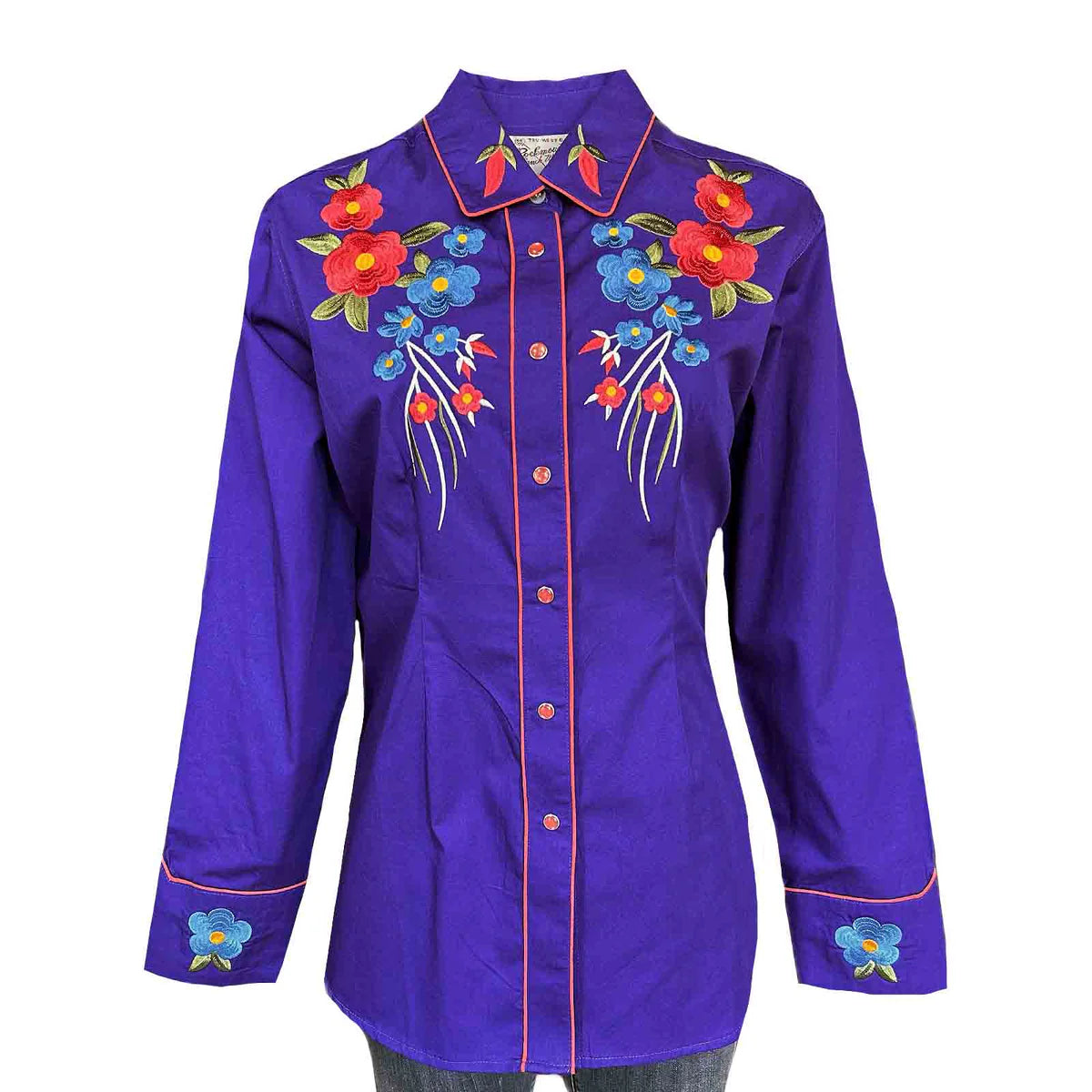 Rockmount Ranch Wear Ladies' Vintage Inspired Western Shirt Embroidered Blooms on Purple Front