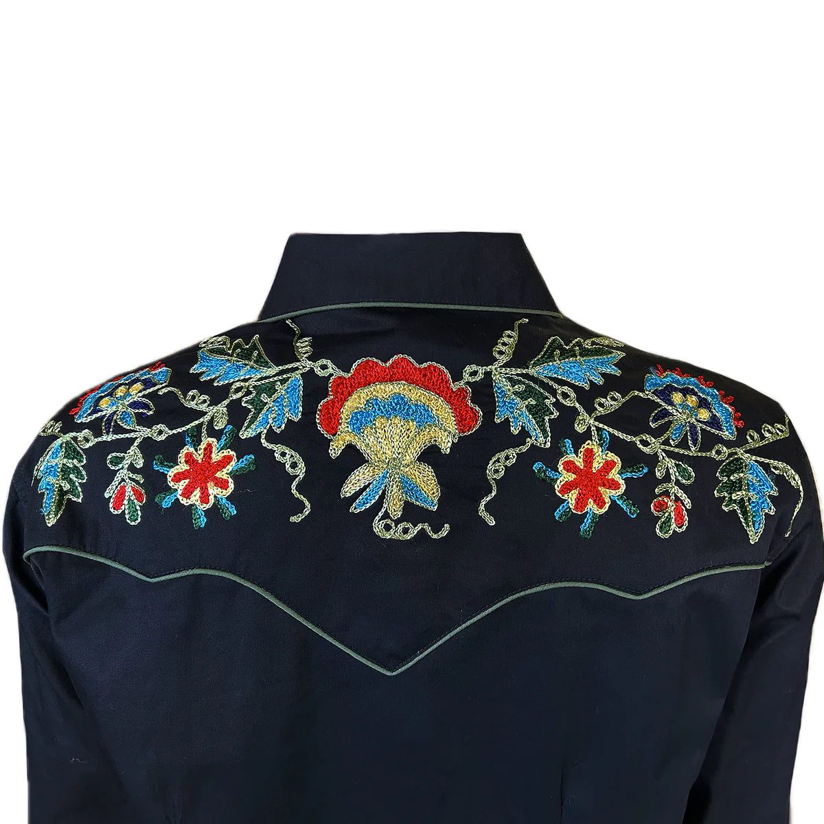 Rockmount Ranch Wear Ladies Western Shirt Floral Embroidery on Black Front