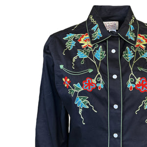 Rockmount Ranch Wear Ladies Western Shirt Floral Embroidery on Black Front