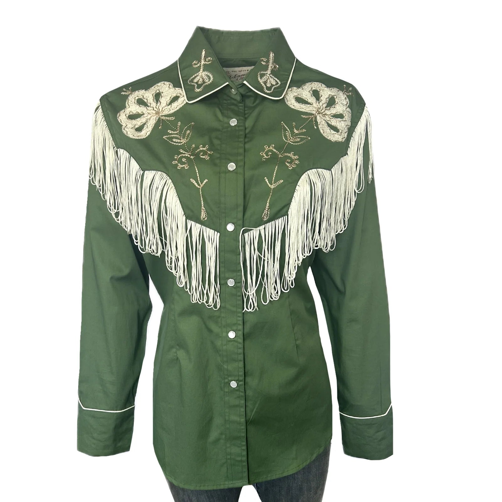 Green western-style shirt with white fringe and embroidery. Front.