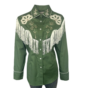 Green western-style shirt with white fringe and embroidery. Front.