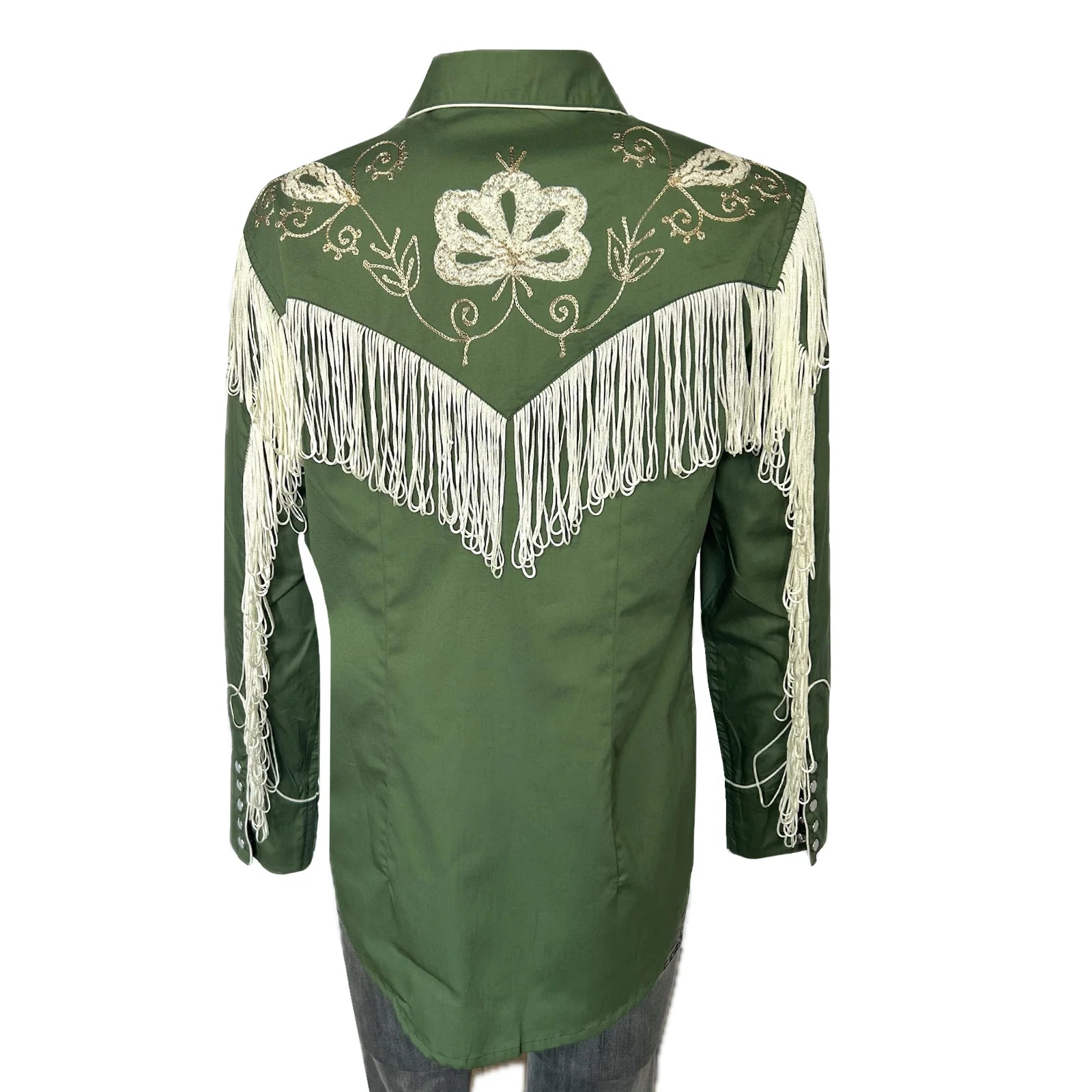 Green western-style shirt with white fringe and embroidery. Front.