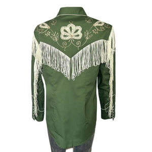 Green western-style shirt with white fringe and embroidery. Back yoke.