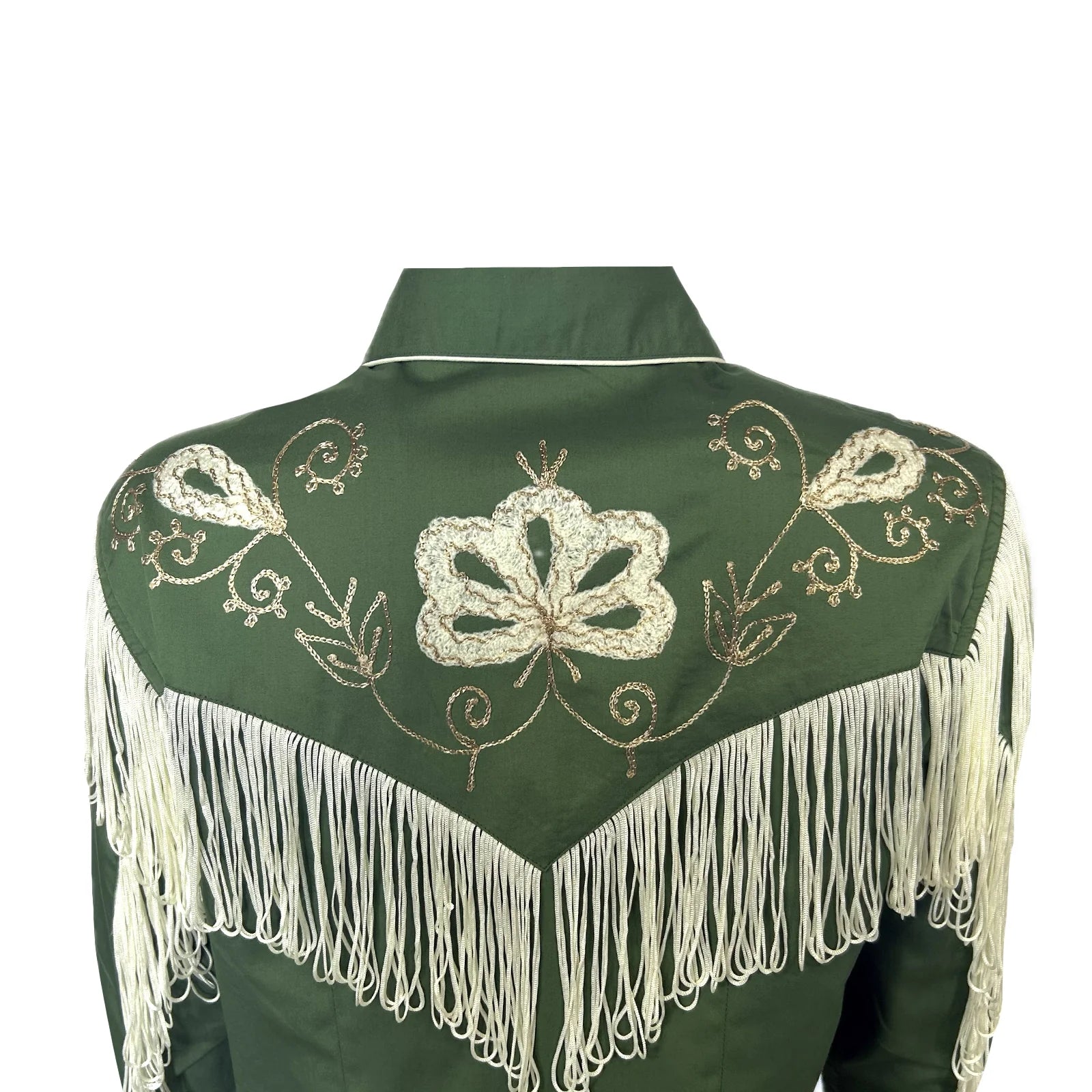 Green western-style shirt with white embroidery and fringe. Back yoke.