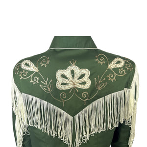 Green western-style shirt with white embroidery and fringe. Back yoke.
