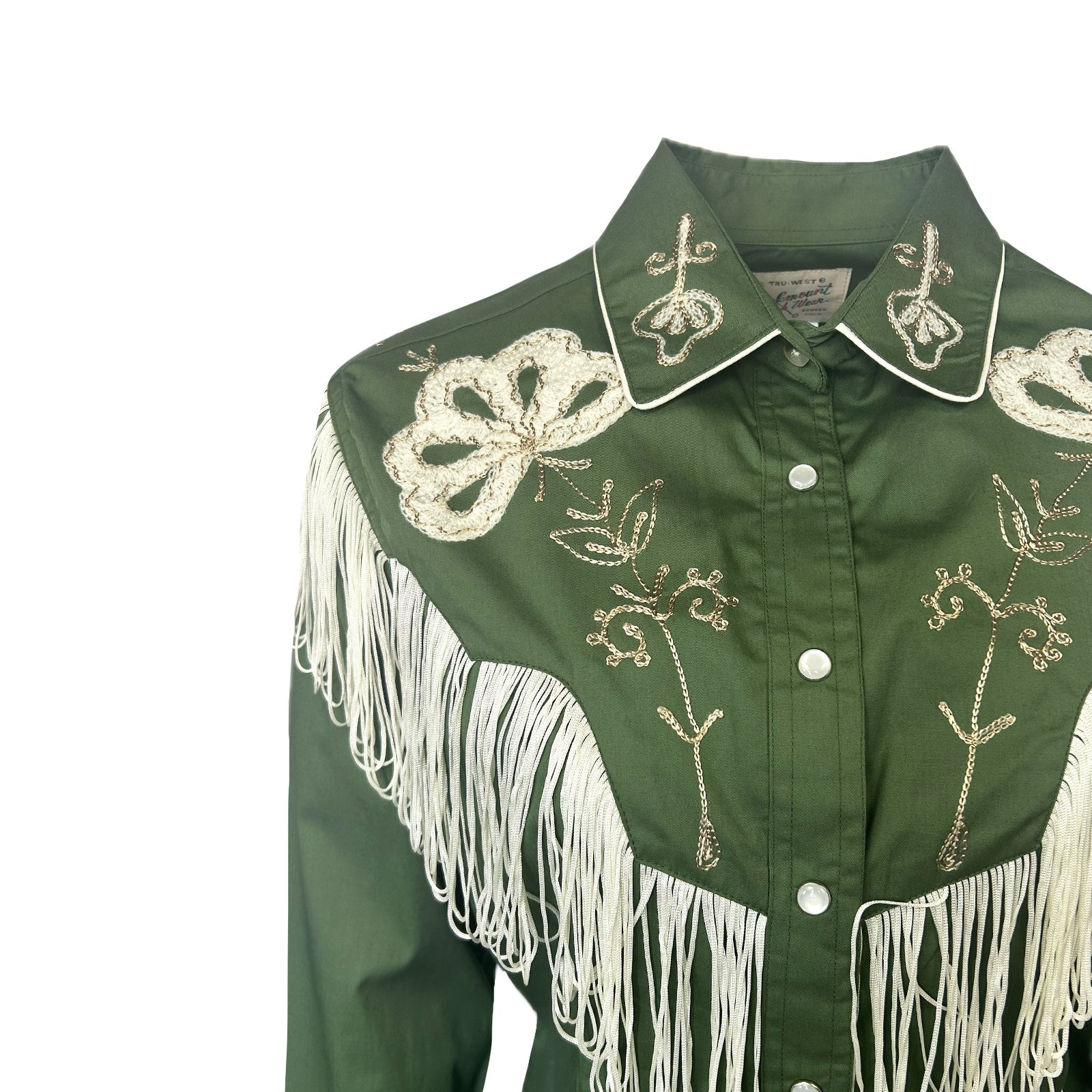 Green western-style embroidered shirt with white fringe. Front yoke.